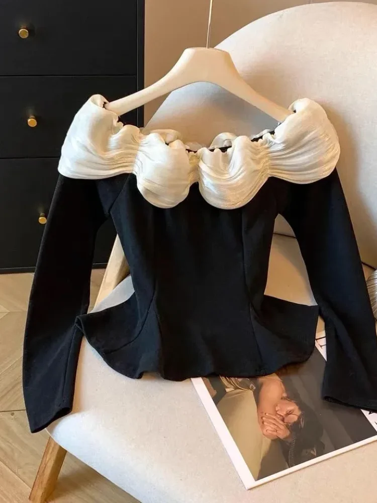 CHICMORE Atasan blouse lengan panjang kerah boat neck gaya kekinian korea untuk wanita