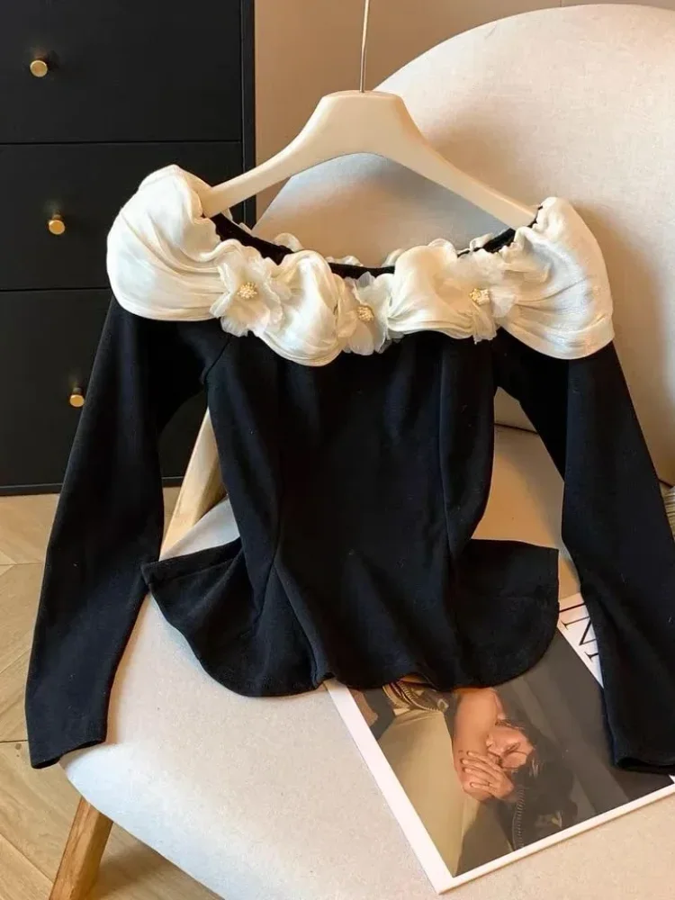 CHICMORE Atasan blouse lengan panjang kerah boat neck gaya kekinian korea untuk wanita