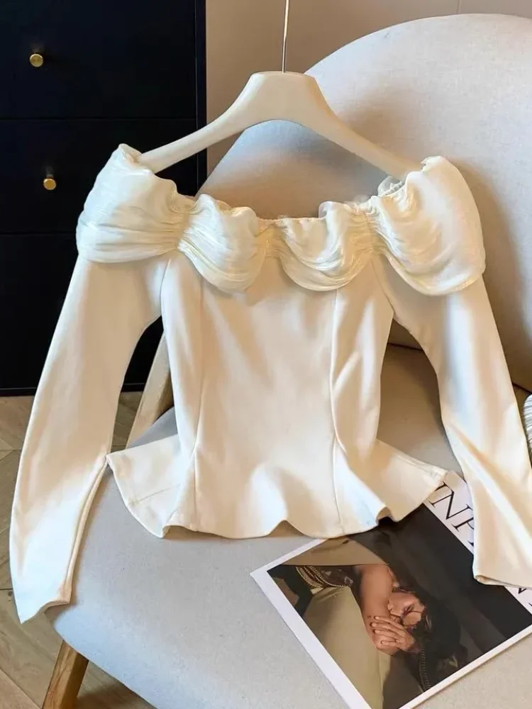 CHICMORE Atasan blouse lengan panjang kerah boat neck gaya kekinian korea untuk wanita