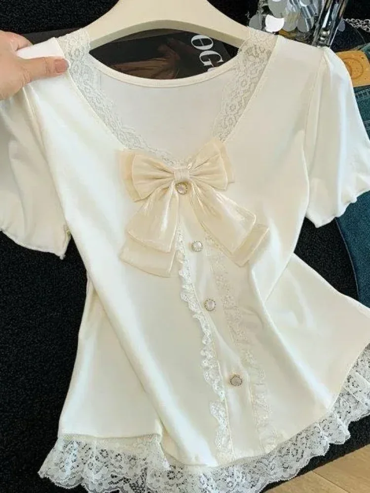 CHICMORE Atasan wanita blouse minimalis lengan pendek dengan variasi pita cantik