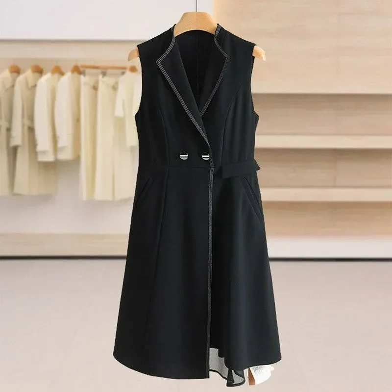 FADFAD Atasan vest berkerah yang elegan tanpa lengan hitam untuk wanita