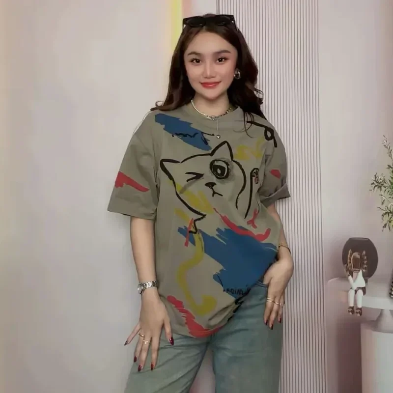 ASAYA Atasan t-shirt lengan pendek dengan kerah bulat bergaya kasual, lembut dan tipis dengan motif cetak