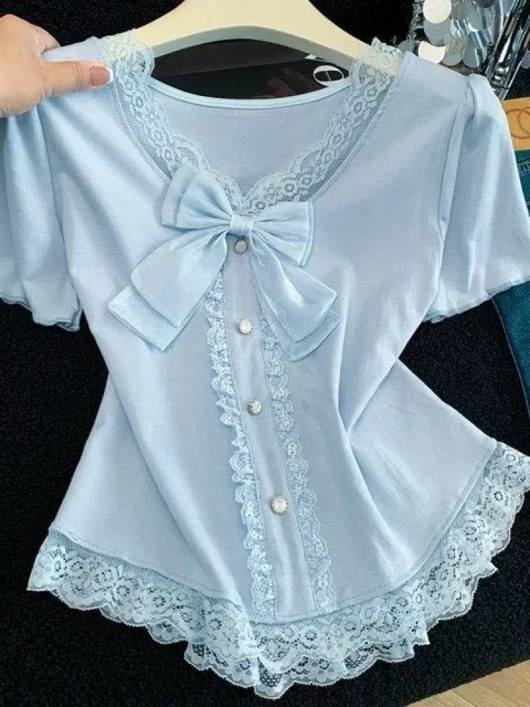 CHICMORE Atasan wanita blouse minimalis lengan pendek dengan variasi pita cantik