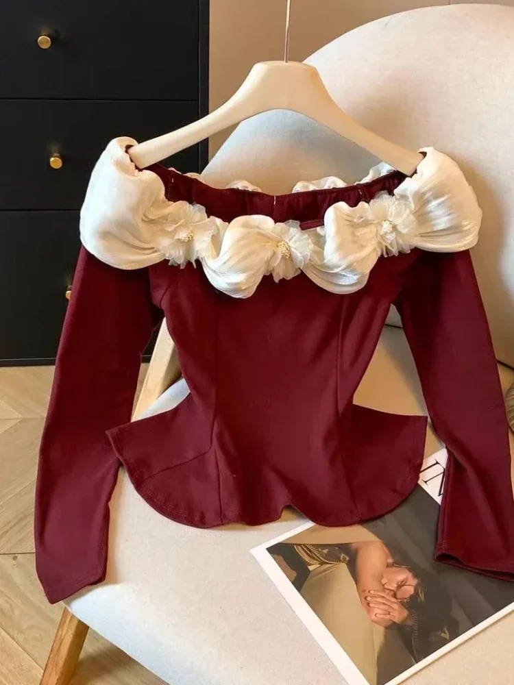 CHICMORE Atasan blouse lengan panjang kerah boat neck gaya kekinian korea untuk wanita