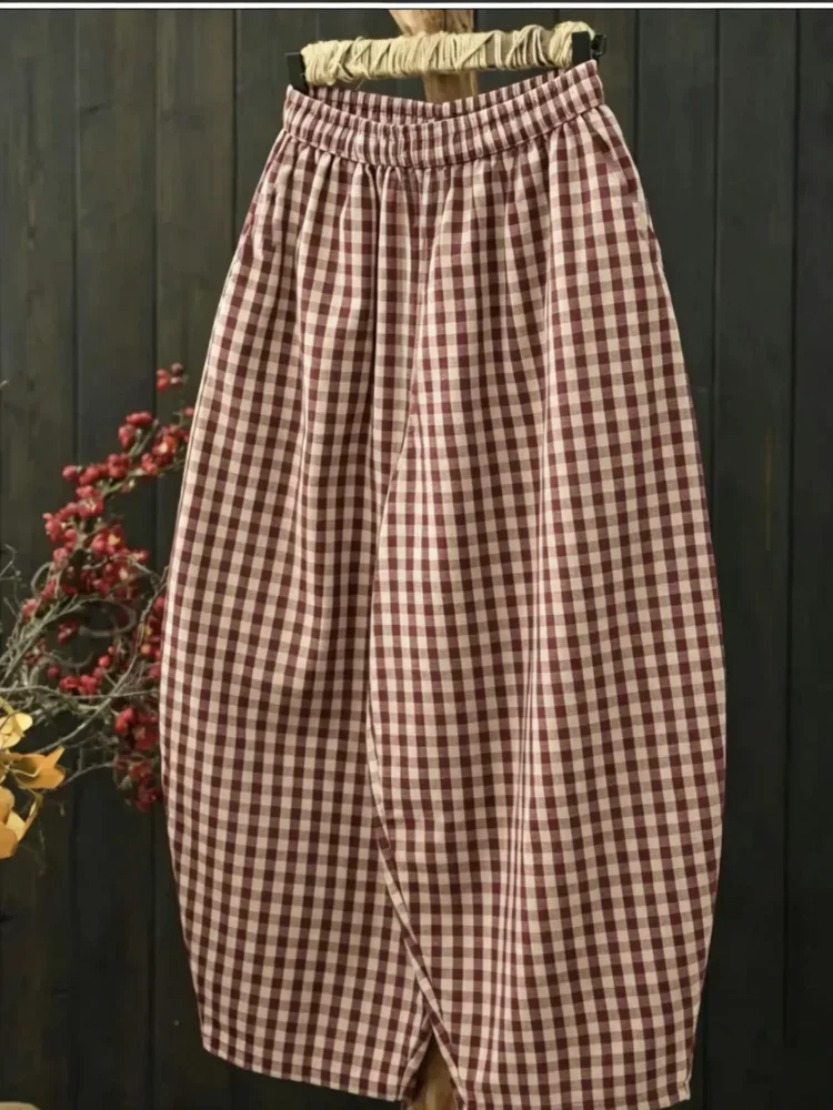 ASAYA Celana panjang wanita motif kotak model barel