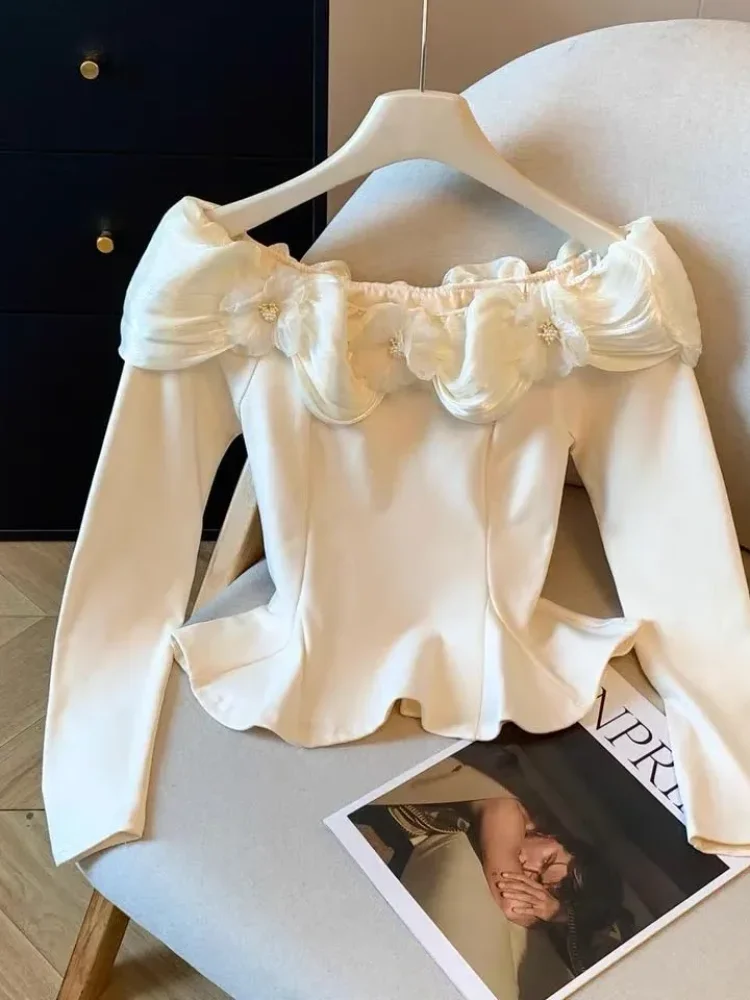 CHICMORE Atasan blouse lengan panjang kerah boat neck gaya kekinian korea untuk wanita