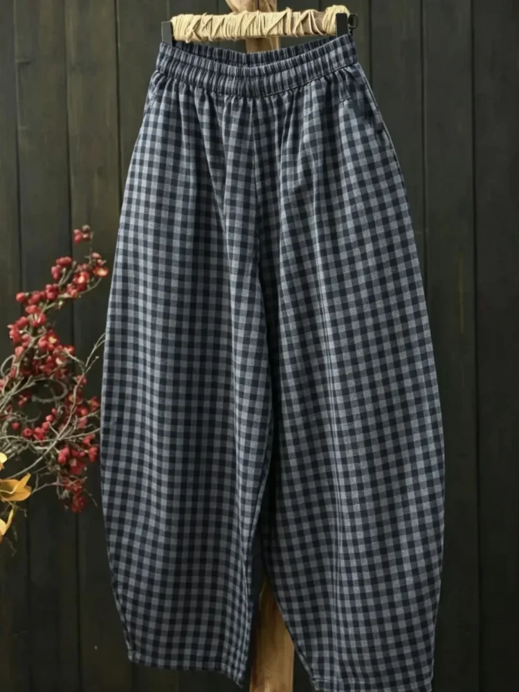 ASAYA Celana panjang wanita motif kotak model barel