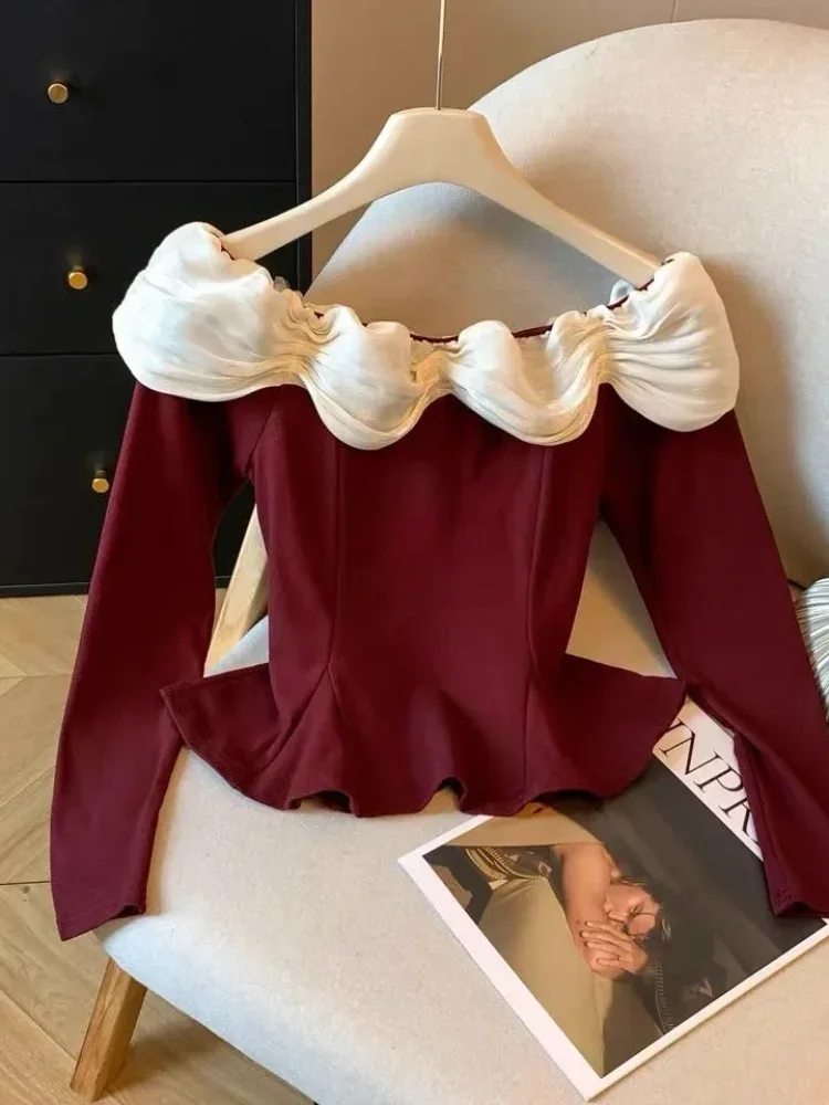 CHICMORE Atasan blouse lengan panjang kerah boat neck gaya kekinian korea untuk wanita