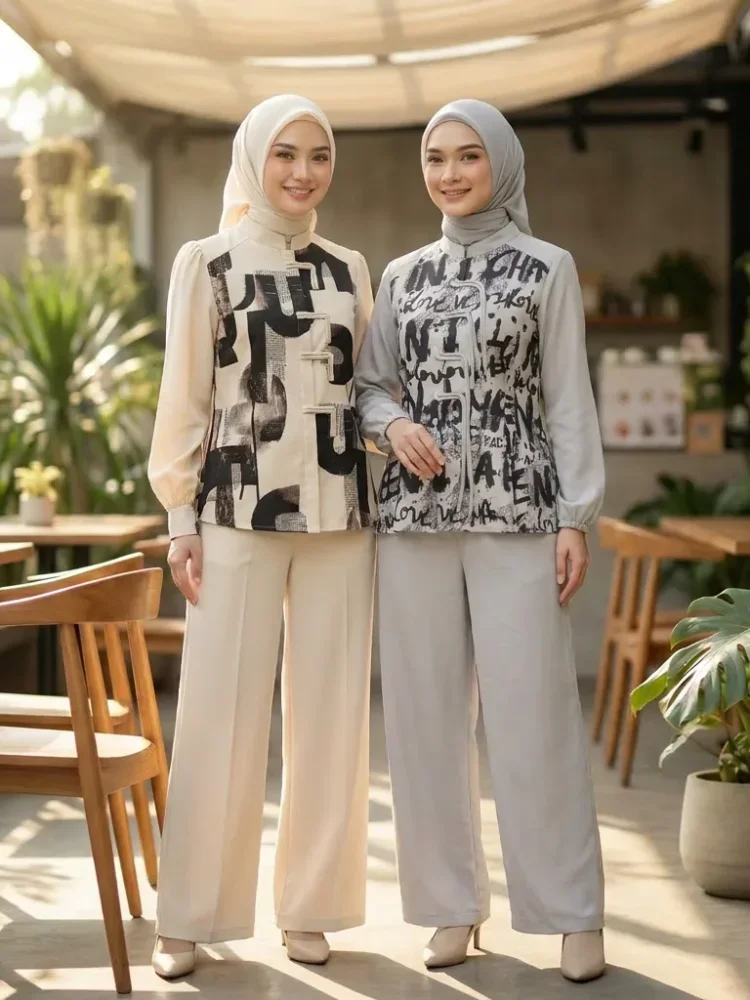 ASAYA Setelan kemeja lengan panjang dan celana panjang wanita dengan desain cetakan patchwork dan kancing buatan tangan