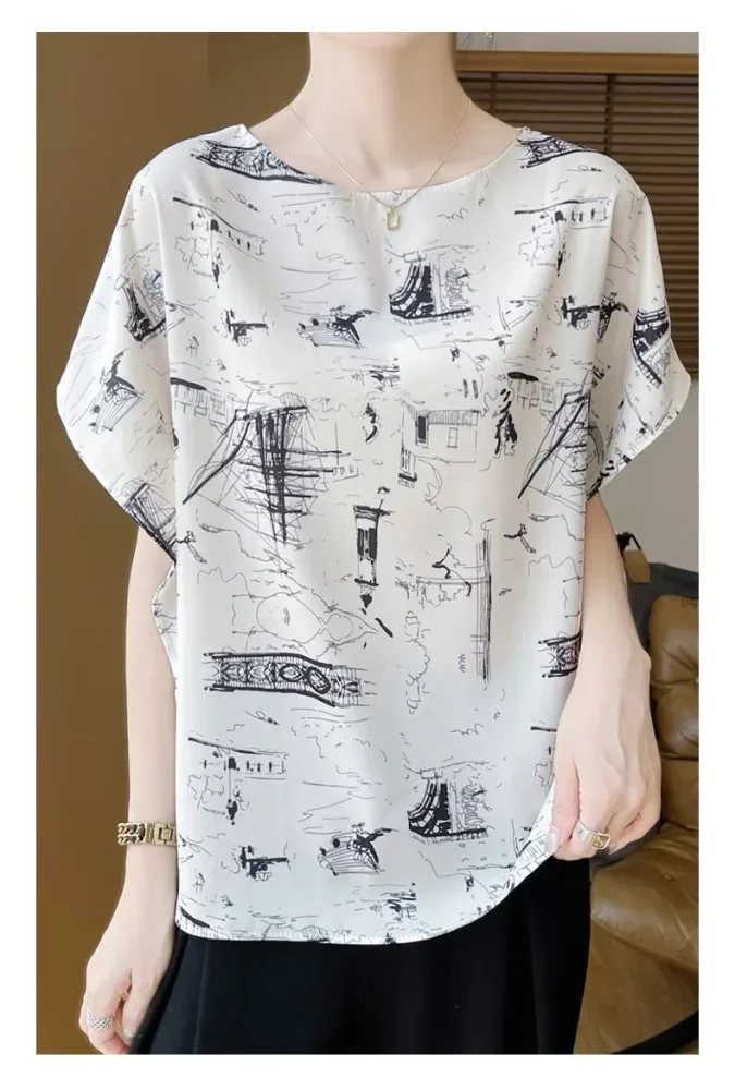 ASAYA Atasan kaos wanita lengan pendek model kelawar leher bulat