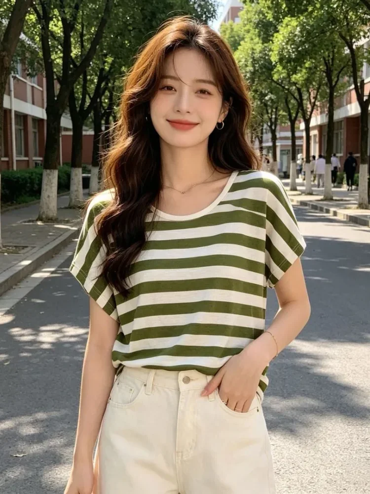 ASAYA Atasan blouse striped kasual untuk wanita muda