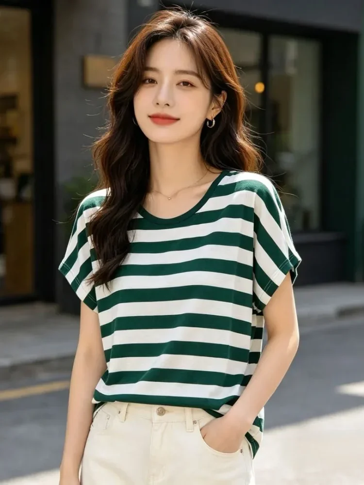 ASAYA Atasan blouse striped kasual untuk wanita muda