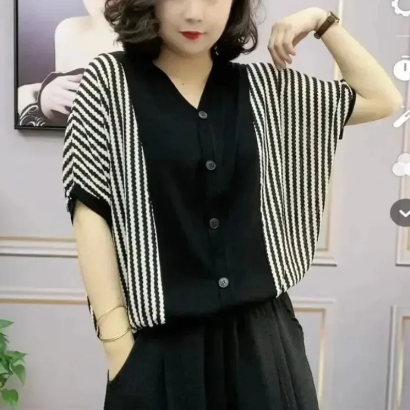 ASAYA Atasan model lengan pendek untuk wanita motif garis garis