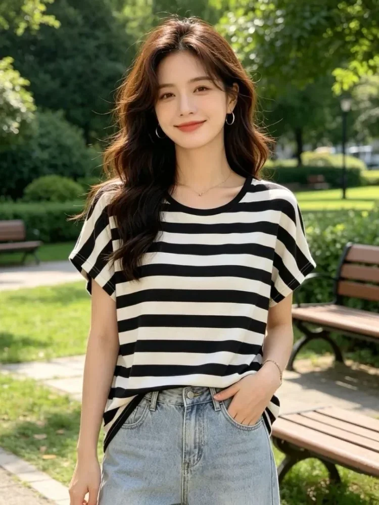 ASAYA Atasan blouse striped kasual untuk wanita muda
