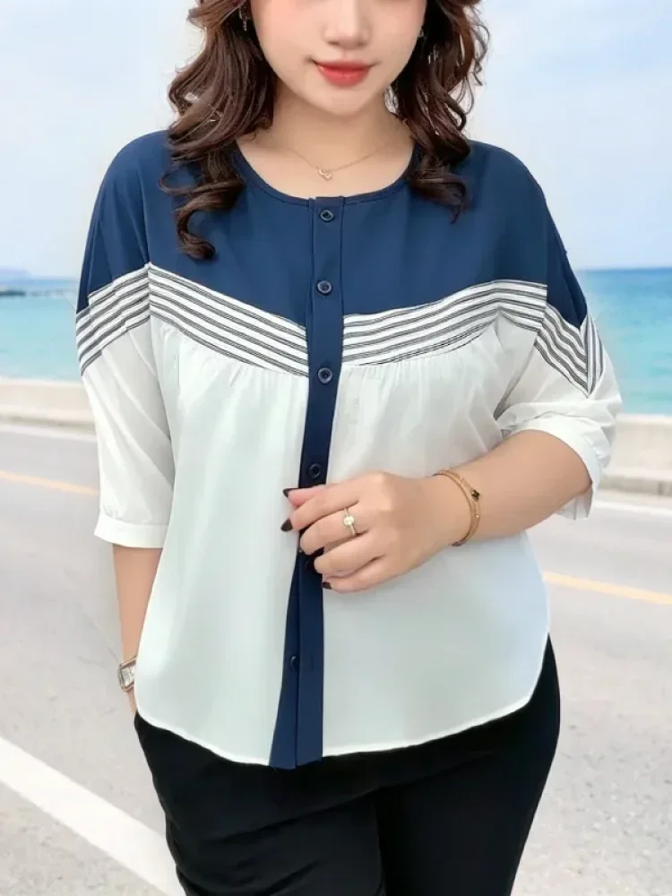 ASAYA Atasan kaos kerah bulat lengan pendek dan bermotif unik