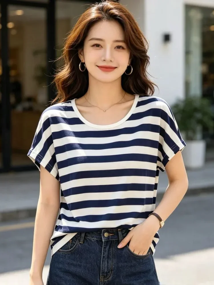 ASAYA Atasan blouse striped kasual untuk wanita muda