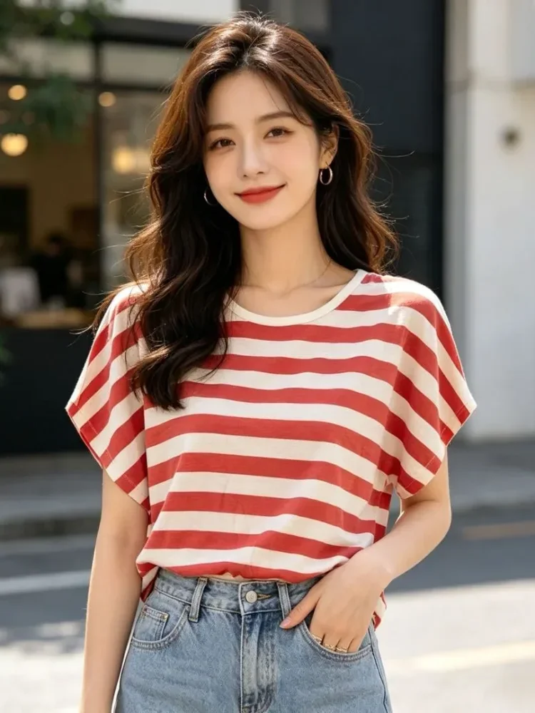 ASAYA Atasan blouse striped kasual untuk wanita muda