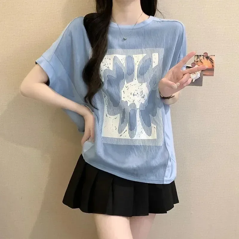 ASAYA Atasan kaos kerah bulat lengan pendek dan bermotif unik