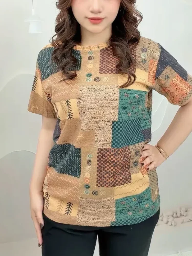 ASAYA Atasan kaos kerah bulat lengan pendek dan bermotif unik
