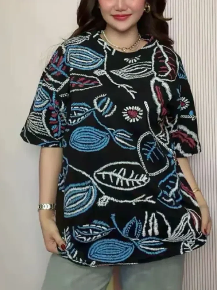 ASAYA Atasan t-shirt lengan pendek dengan kerah bulat bergaya kasual, lembut, tipis, dan bermotif