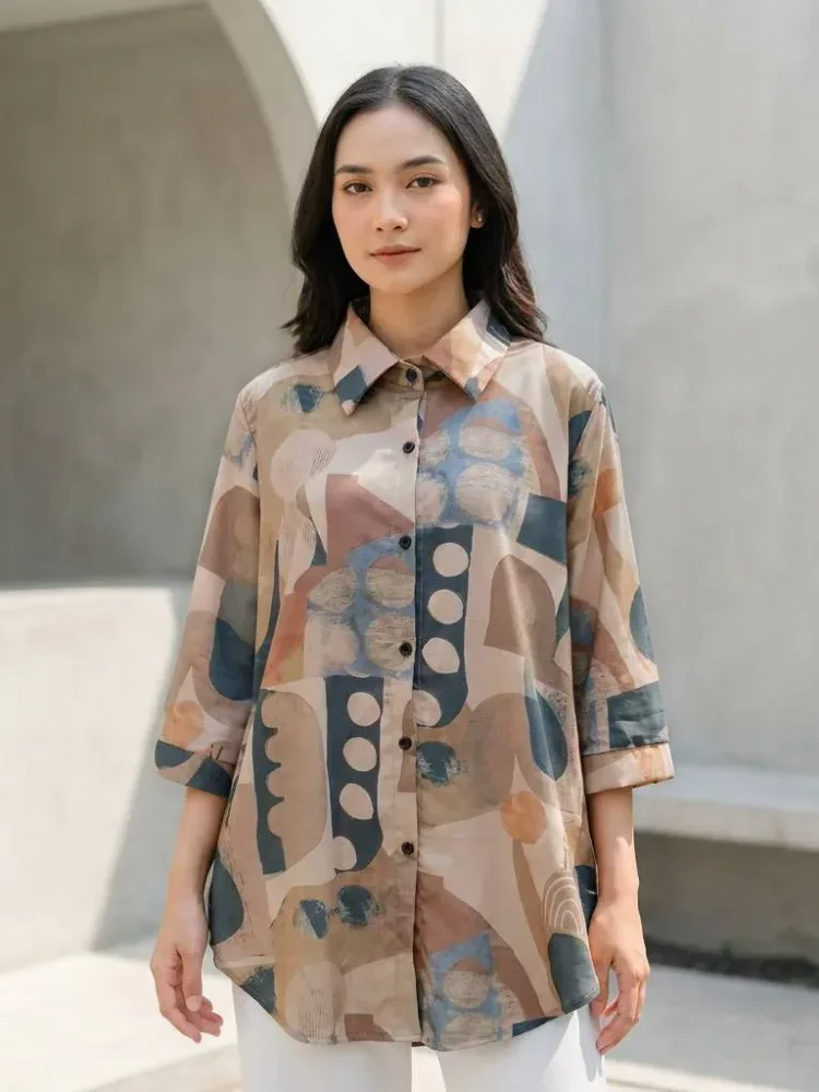 ASAYA Kemeja wanita kasual lengan tiga perempat model longgar motif cetak