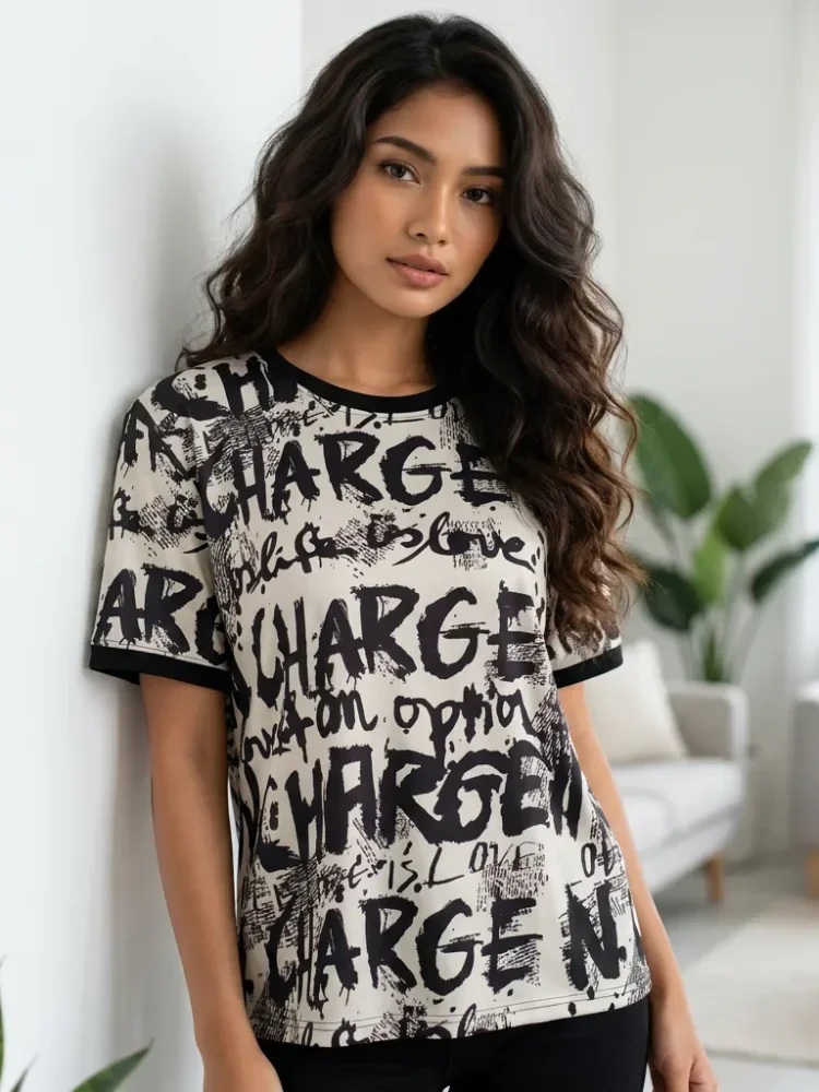 ASAYA Kaos t-shirt lengan pendek motif casual wanita yang populer