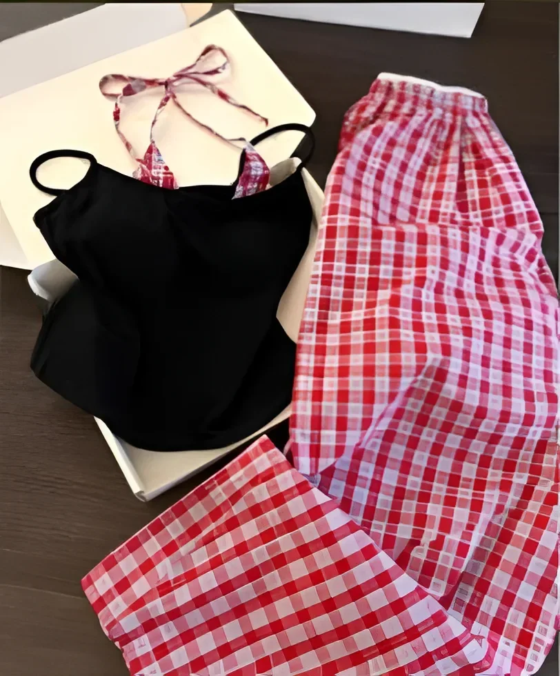 FADFAD Setelan dua potong pakaian untuk wanita dengan atasan model strappy tanpa lengan dan celana panjang kotak-kotak