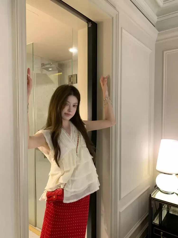 CHICMORE Atasan kemaje gaya korea leher v lengan berkerut blus untuk wanita