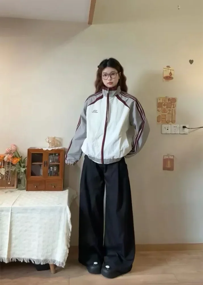 CHICMORE Jaket olahraga wanita oversize dengan garis di bagian lengan