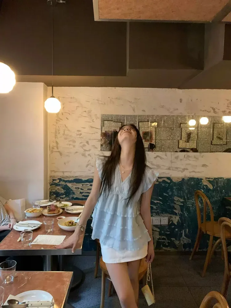 CHICMORE Atasan kemaje gaya korea leher v lengan berkerut blus untuk wanita