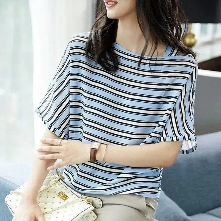 ASAYA Atasan wanita blouse minimlalis lengan pendek  motif bergaris
