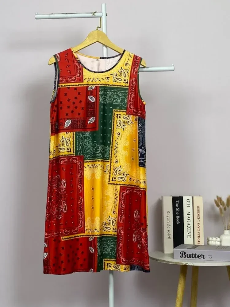 ASAYA Piyama wanita motif populer, gaun tanpa lengan dengan kerah bulat