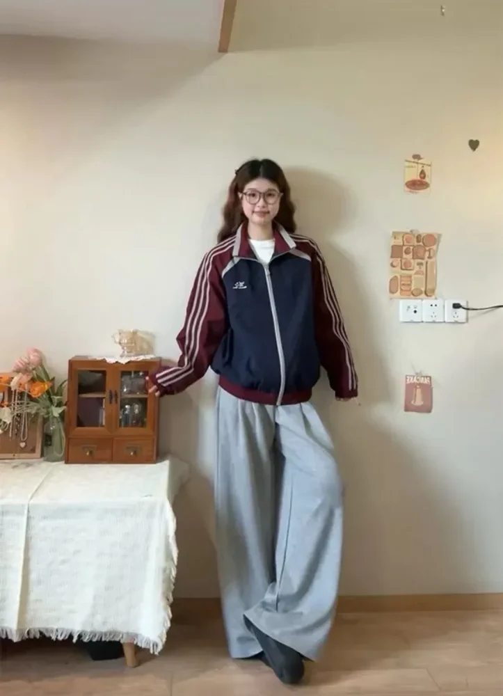 CHICMORE Jaket olahraga wanita oversize dengan garis di bagian lengan