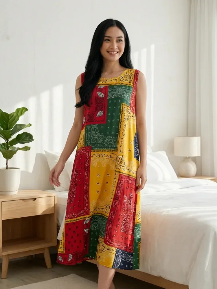 ASAYA Piyama wanita motif populer, gaun tanpa lengan dengan kerah bulat