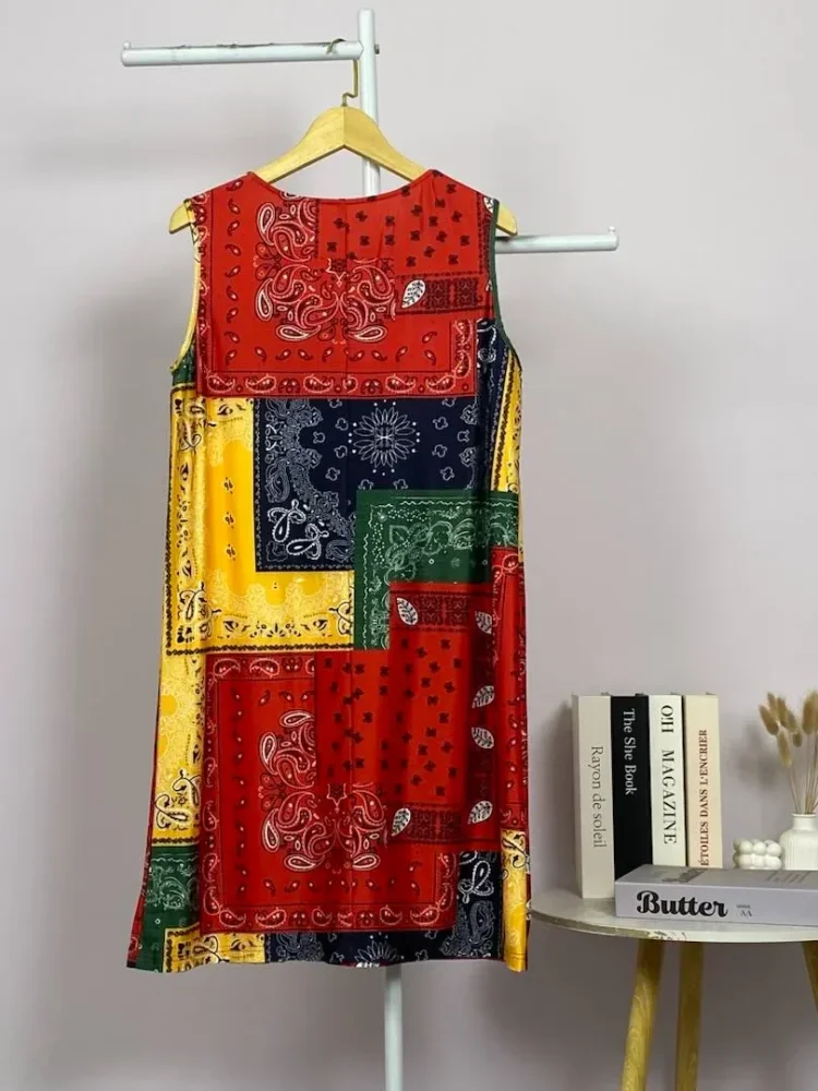 ASAYA Piyama wanita motif populer, gaun tanpa lengan dengan kerah bulat