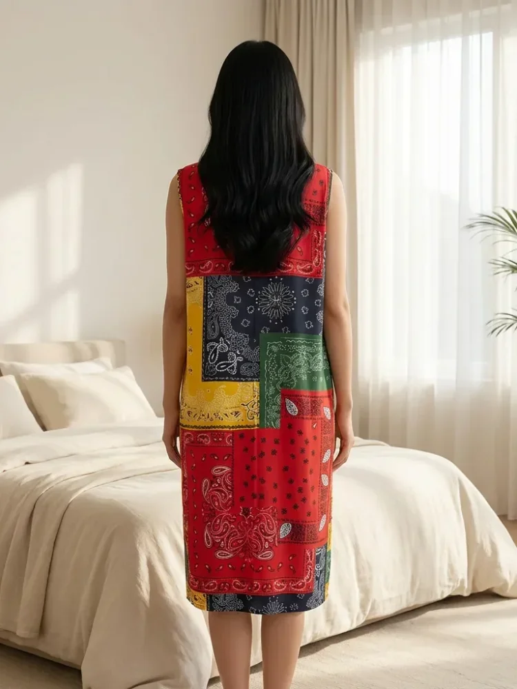 ASAYA Piyama wanita motif populer, gaun tanpa lengan dengan kerah bulat