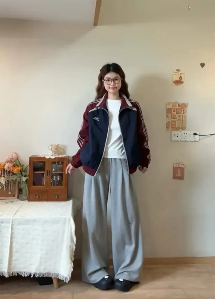 CHICMORE Jaket olahraga wanita oversize dengan garis di bagian lengan