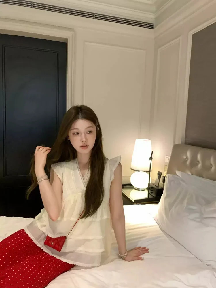 CHICMORE Atasan kemaje gaya korea leher v lengan berkerut blus untuk wanita
