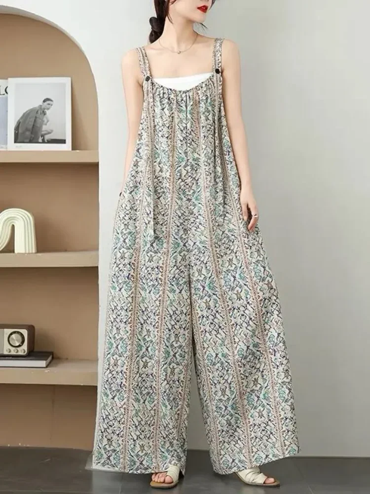 ASAYA Jumpsuit wanita daily tanpa lengan dengan motif printed