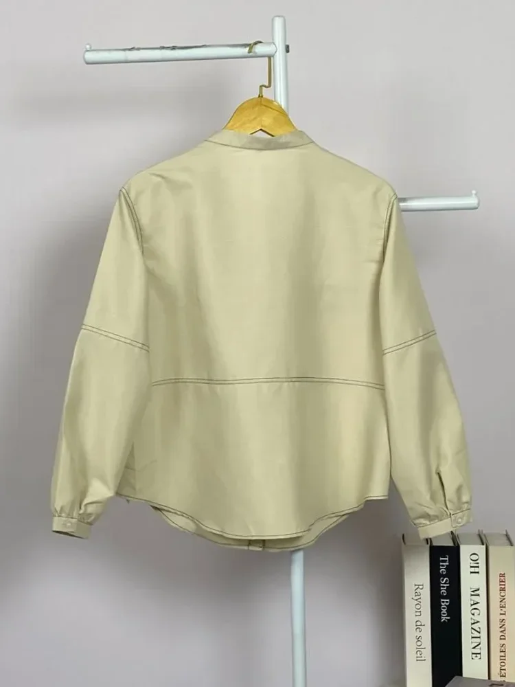 ASAYA Kemeja atasan kasual terbaru dengan desain garis tabrak, warna polos, kerah bulat, dan kancing satu baris
