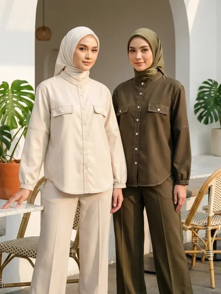 ASAYA Kemeja atasan kasual terbaru dengan desain garis tabrak, warna polos, kerah bulat, dan kancing satu baris