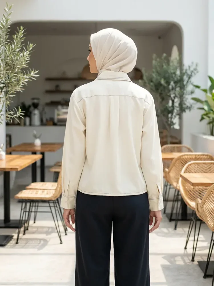 ASAYA Atasan lengan panjang polos dengan kerah polo, dilengkapi saku dan desain jahitan sambungan