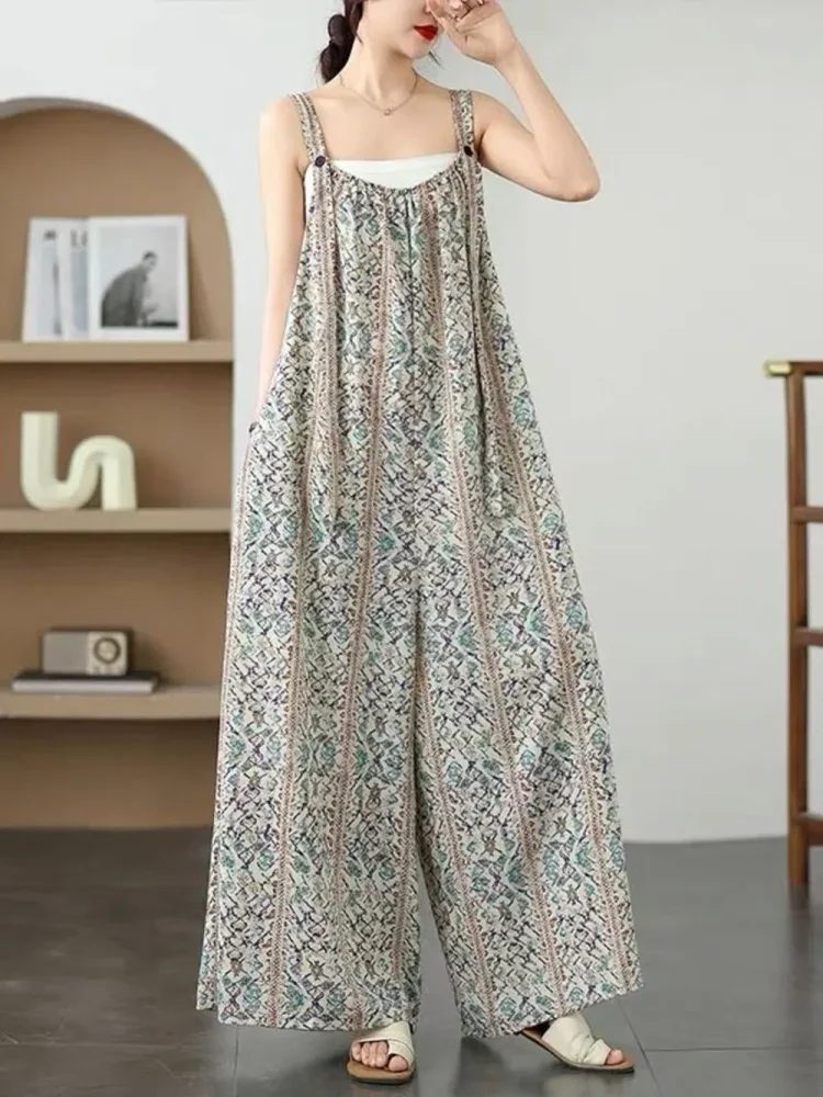 ASAYA Jumpsuit wanita daily tanpa lengan dengan motif printed