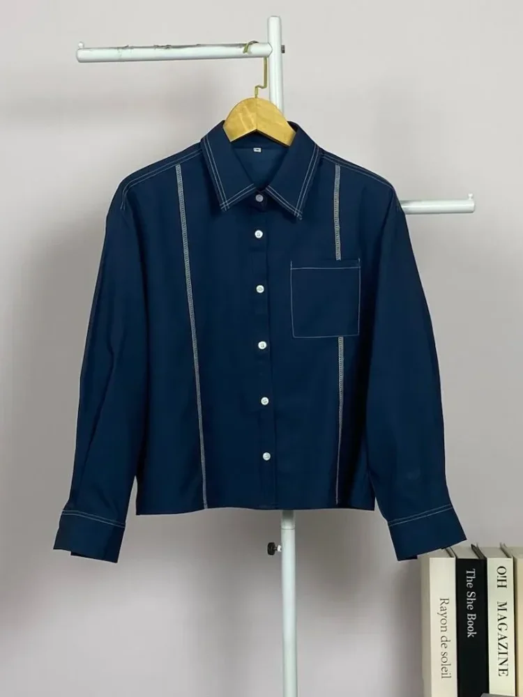 ASAYA Atasan lengan panjang polos dengan kerah polo, dilengkapi saku dan desain jahitan sambungan