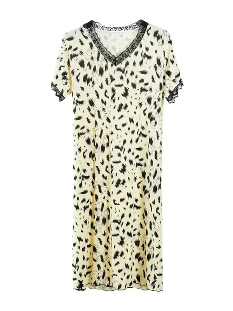 ASAYA Gaun tidut kerah v neck motif cetak lengan pendek gaya baru