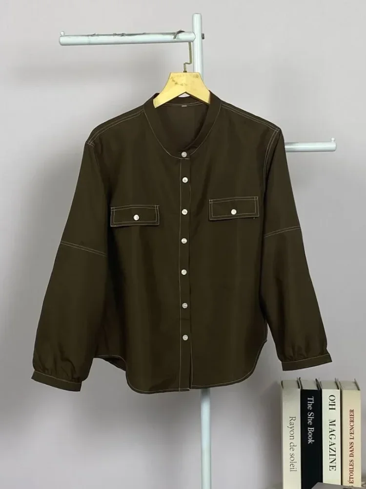 ASAYA Kemeja atasan kasual terbaru dengan desain garis tabrak, warna polos, kerah bulat, dan kancing satu baris
