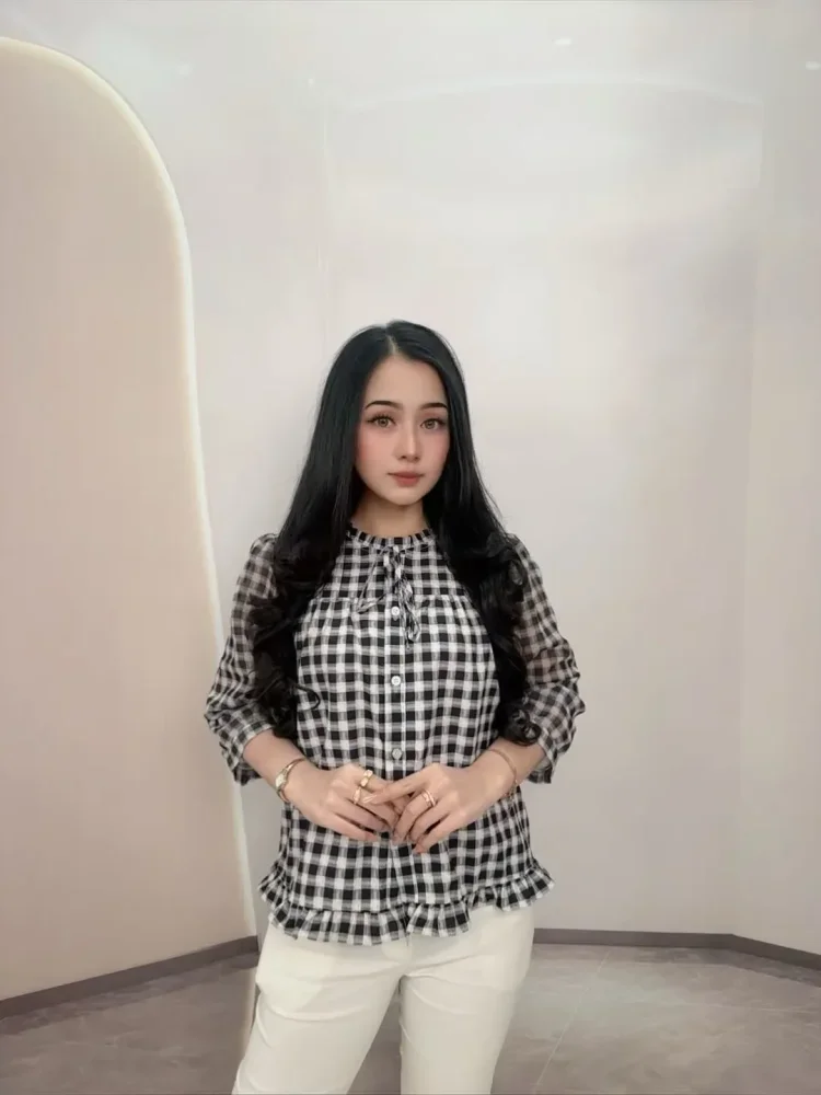 FADFAD Atasan kemeja dengan motif kotak-kotak kerah pita gaya kasual untuk wanita