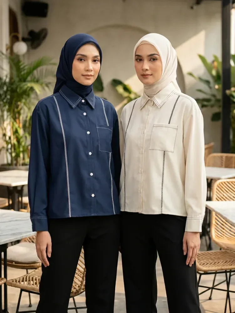 ASAYA Atasan lengan panjang polos dengan kerah polo, dilengkapi saku dan desain jahitan sambungan