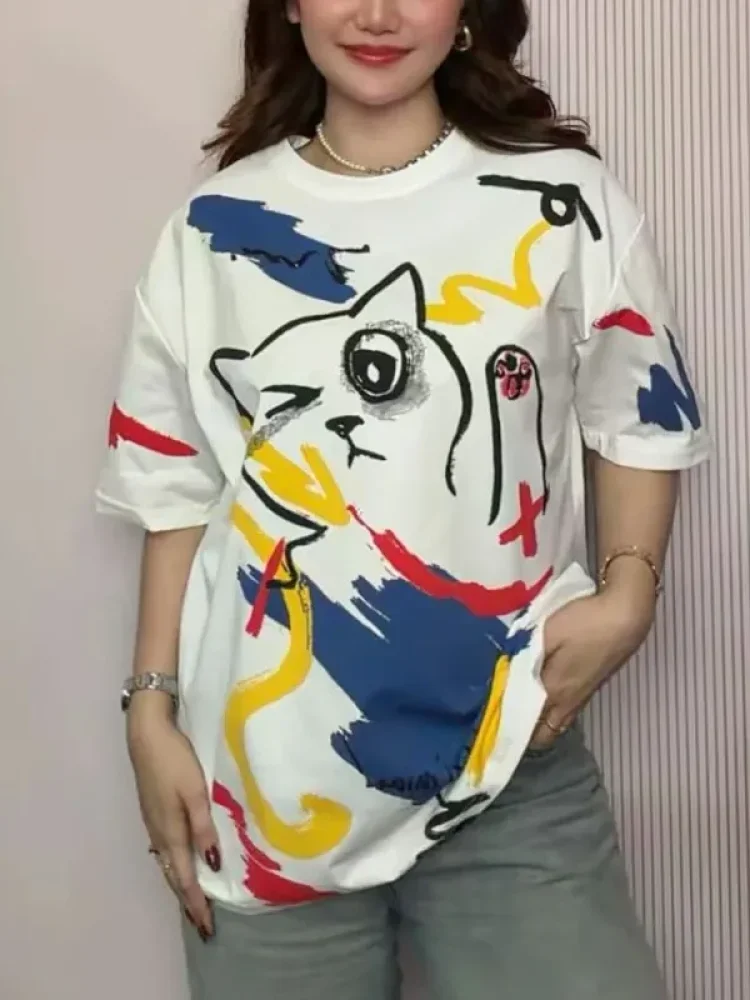 ASAYA Atasan t-shirt lengan pendek dengan kerah bulat bergaya kasual, lembut dan tipis dengan motif cetak