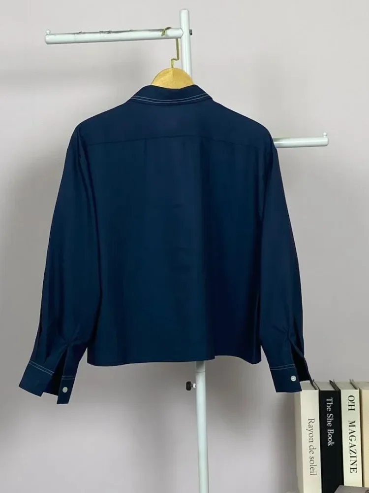 ASAYA Atasan lengan panjang polos dengan kerah polo, dilengkapi saku dan desain jahitan sambungan